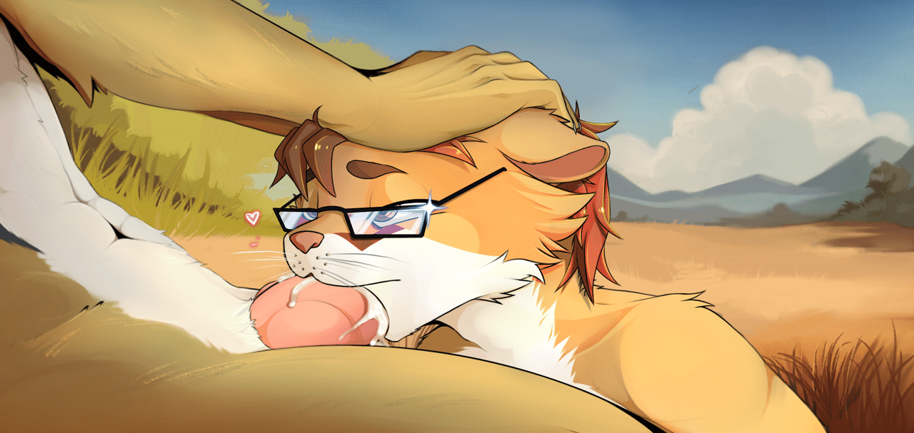 Cellivar placed between Kobaj's legs and giving a blowjob, with the fennec holding the cute roorat's head down against his knot.