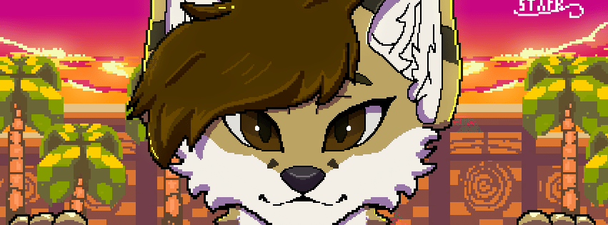 A banner of Kobaj overtop of a pixelated video game backdrop.