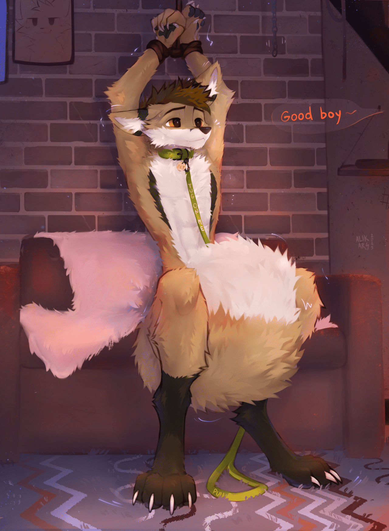 Kobaj sitting naked on a couch with his hand paws bound above his head, his big soft tail between his legs and covering his crotch.