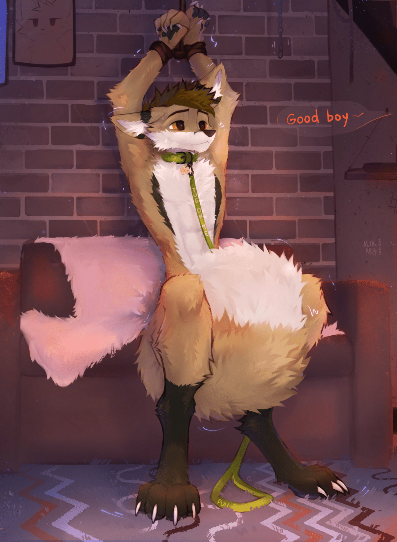 Kobaj sitting naked on a couch with his hand paws bound above his head, his big soft tail between his legs and covering his crotch.