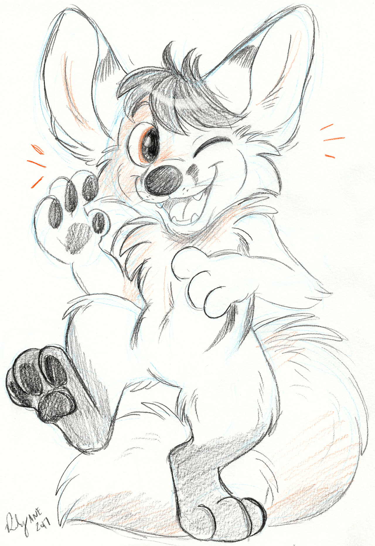 Kobaj sketched out as a cute happy dancing fox.