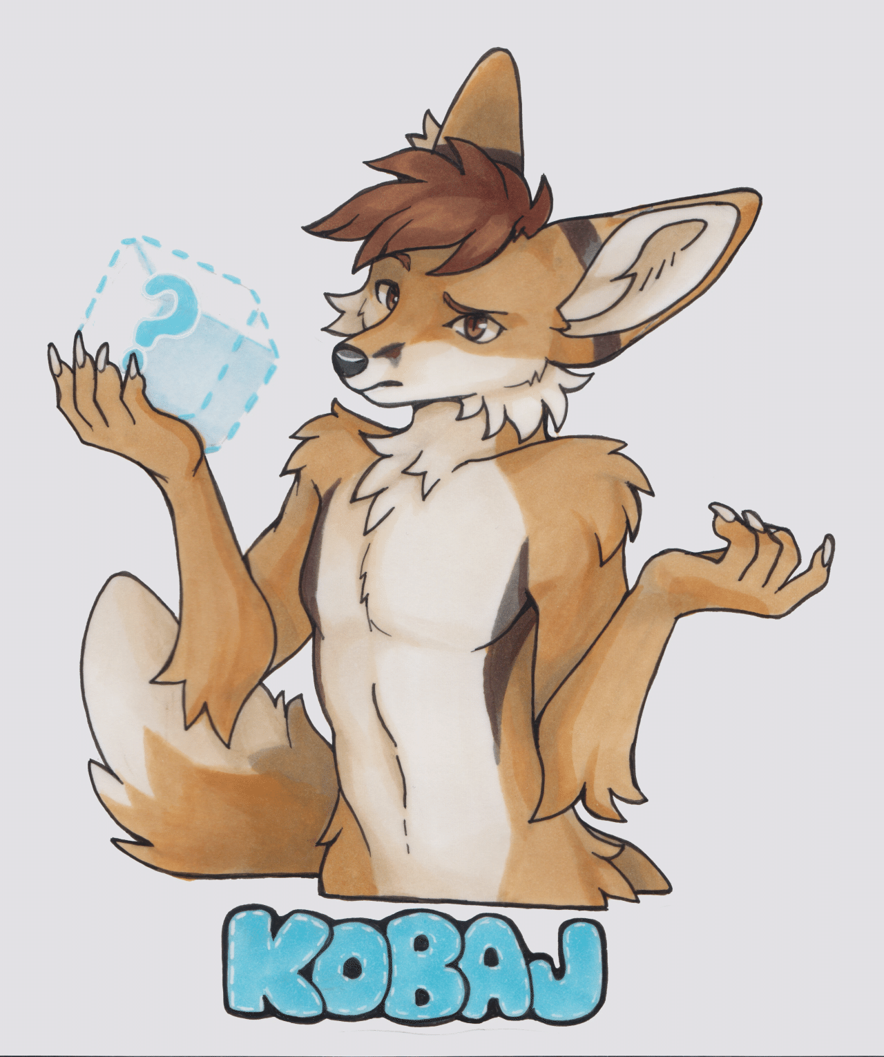Kobaj seems to have lost something, and has no idea where it has gone, he holds up his arms in a shrug and shows there is nothing in his hand.
