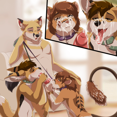Kobaj and Cellivar being good pets on their knees giving Binary a blow job, their faces covered in their reward.