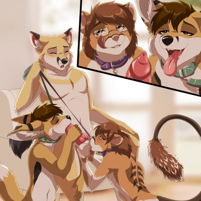 Kobaj and Cellivar being good pets on their knees giving Binary a blow job.