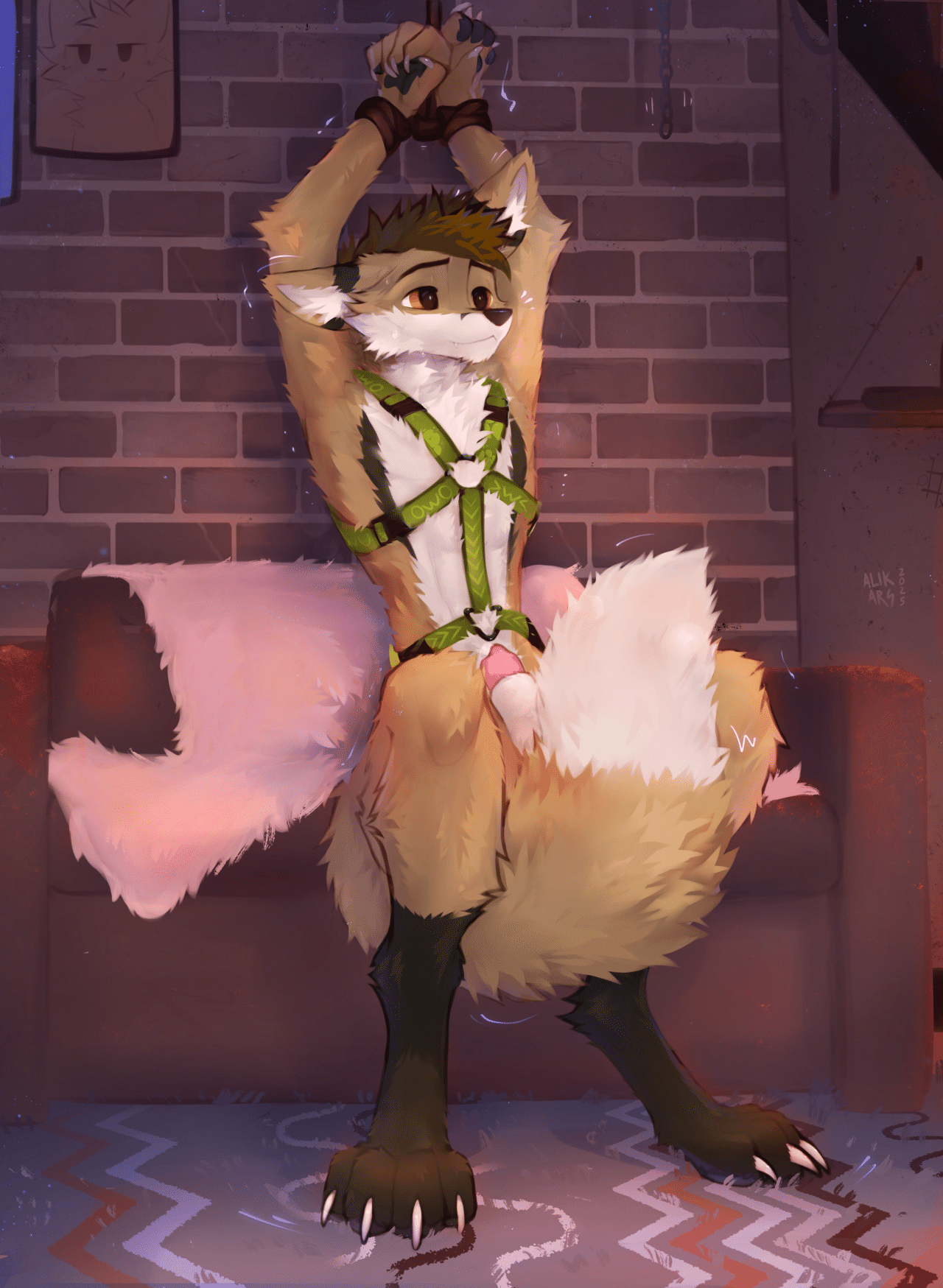 Kobaj sitting naked on a couch with his hand paws bound above his head, the tip of his shaft barely visible between his legs.