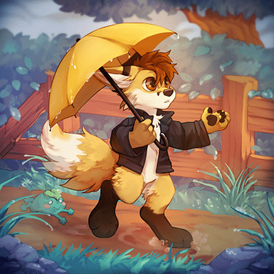 Kobaj walking through the rain.