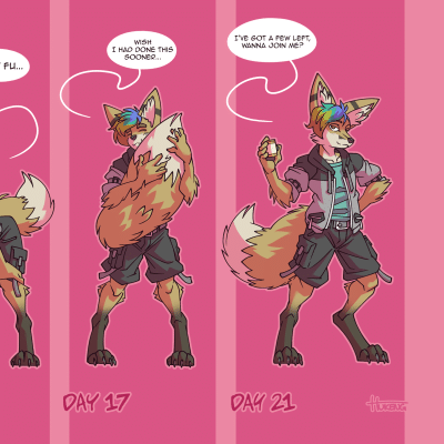 Kobaj skeptically tries some new fennec transformation pills, finding that over a sequence of 5 panels he successfully turns into an anthro fennec fox.