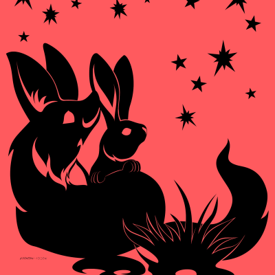 Kobaj snuggling with his favorite bunny friend under the stars.