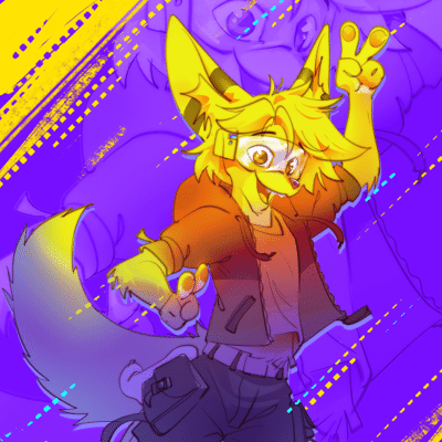 Kobaj jumping up in excitement overtop of a cool digital background.