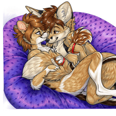 Kobaj and Cellivar snuggle together on a giant bean bag chair, both petting and brushing each other's tail so that they are extra soft and fluffy.