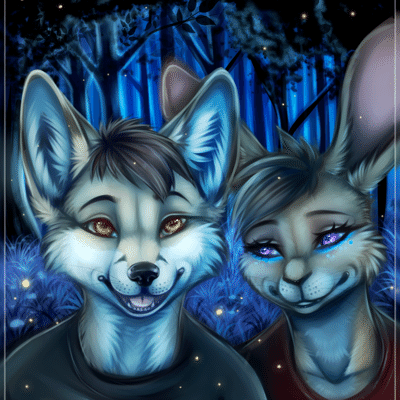 Kobaj and Woofy in a firefly filled wood.