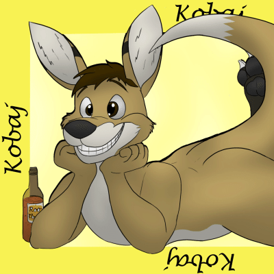 Kobaj laying on his stomach after enjoying some transformative rootbeer making him a very happy kangaroo.