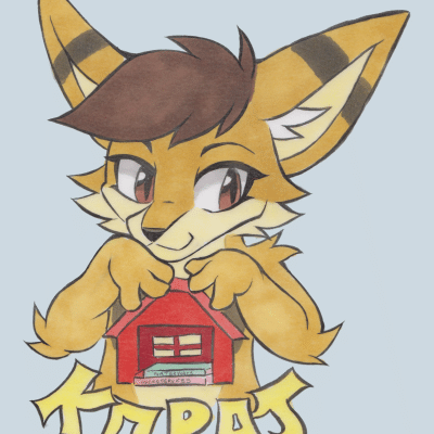 Kobaj showing off his little free library for furries, with two of his favorite books inside the library.