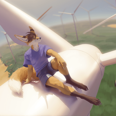 Kobaj lounging ontop of a wind turbine.