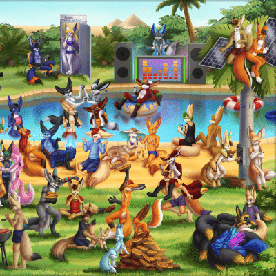 Kobaj and a bunch of fennecs having fun at a desert oasis.