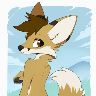 Kobaj kneeling on some grass and looking back at the viewer.