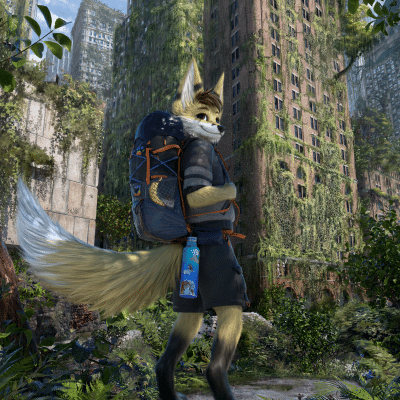 Kobaj exploring a city overgrown with plant life.