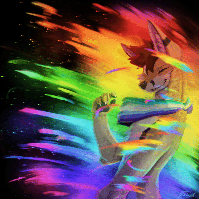 Kobaj falling back and hitting a rainbow so hard it splatters across his back and paints the sky with wonderful colors.