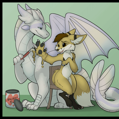 A friendly dragon offers to paint a nervous Kobaj, transforming him with the magical substance into a dragon with cool bat like wings and a long tufted tail.