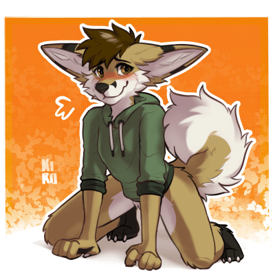 Kobaj on all fours wearing nothing but a hoodie and a cute blushy expression on his face.