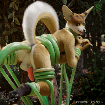 Kobaj, tied up in tentacles, looking over his shoulder as a thick tentacle pushes itself under his tail.