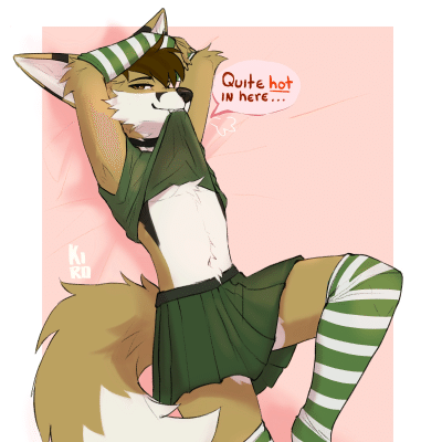 Kobaj wearing a cute outfit, his shirt tugged up and held in his muzzle as he shows off his tummy and says its hot in here.