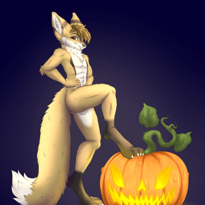 Kobaj showing off his halloween spirit the best way he can, by posing naked with a pumpkin.