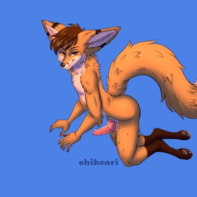 Side view of Kobaj on all fours with his tail raised, giving you a good view of his fox knot and his smug expression.