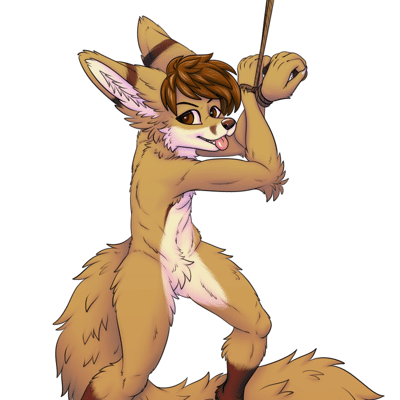Kobaj with his hands tied above him, leaving his body exposed, but his cute blep shows he is very eager to be in this position.