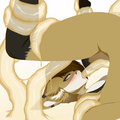 Kobaj laying on his back with his legs in the air and tail curled along his back, a pair of thick yellow tentacles pushing into his butt and muzzle while more tentacles hold him in place.
