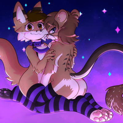 Seems like someone just walked in while Cellivar was tugging on Kobaj's leash, pulling the fox closer to him as the two kneel together and tease one another.