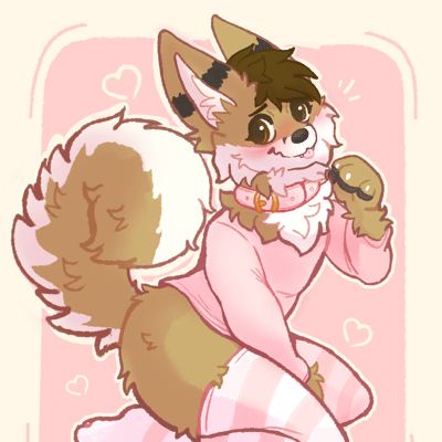 Kobaj kneeling and blushing while wearing a pink girly outfit and collar and wagging his big curly tail.