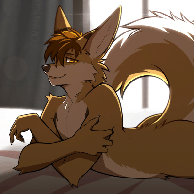 Kobaj laying on his stomach and being coy.