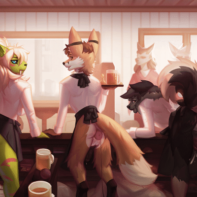 Kobaj working as a barista with a nice big plug inside him to keep him in line.