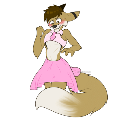 Kobaj embarrassed to put on a pink skirt.