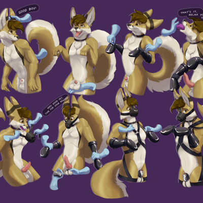 Kobaj putting on bondage gear, including a muzzle, paw mitts, chastity cage, and a collar while a dom encourages him.