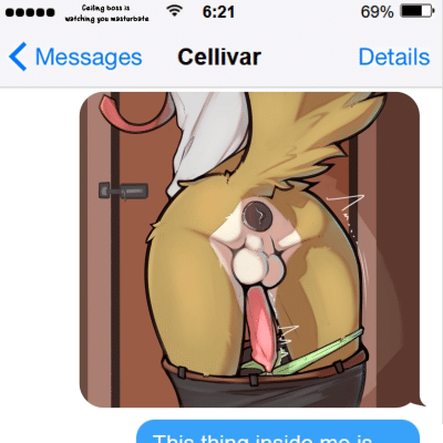 Kobaj sends a text message with a selfie asking how Cellivar manages to go to work with a plug under his tail all day, Cellivar replies back with a selfie showing a much bigger plug.