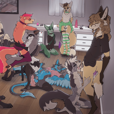 Kobaj bashfully lifting up his skirt and showing off his chastity cage at a chastity party Gale is hosting, the little green fox seems very happy and pleased though!