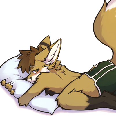 Kobaj looking over his shoulder and blushing as he is discovered snuggling a pillow.