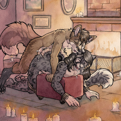 Kobaj and Aubirb having sex infront of a warm fireplace.