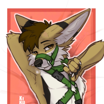 Kobaj has a seductive look as he lays back wearing nothing but a sled dog harness, his paw hooked around one of the d-rings and encouraging you to give it a tug.