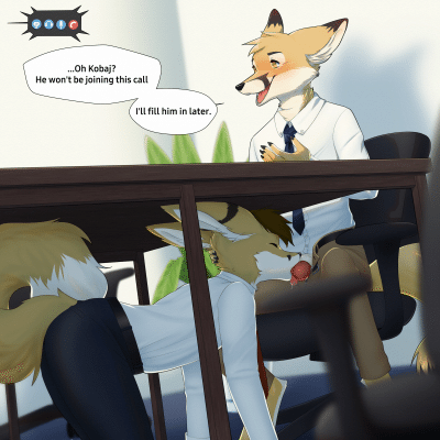 Kobaj under the conference room table sucking off his coworker.