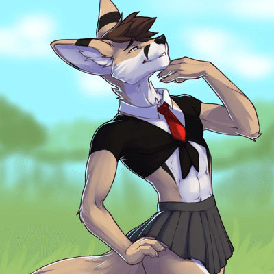 Kobaj strutting his stuff in a cute skirt.